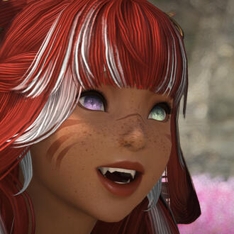 elspie's sona, a catgirl with a pink and yellow color scheme, looks to the left as she sips from a straw.